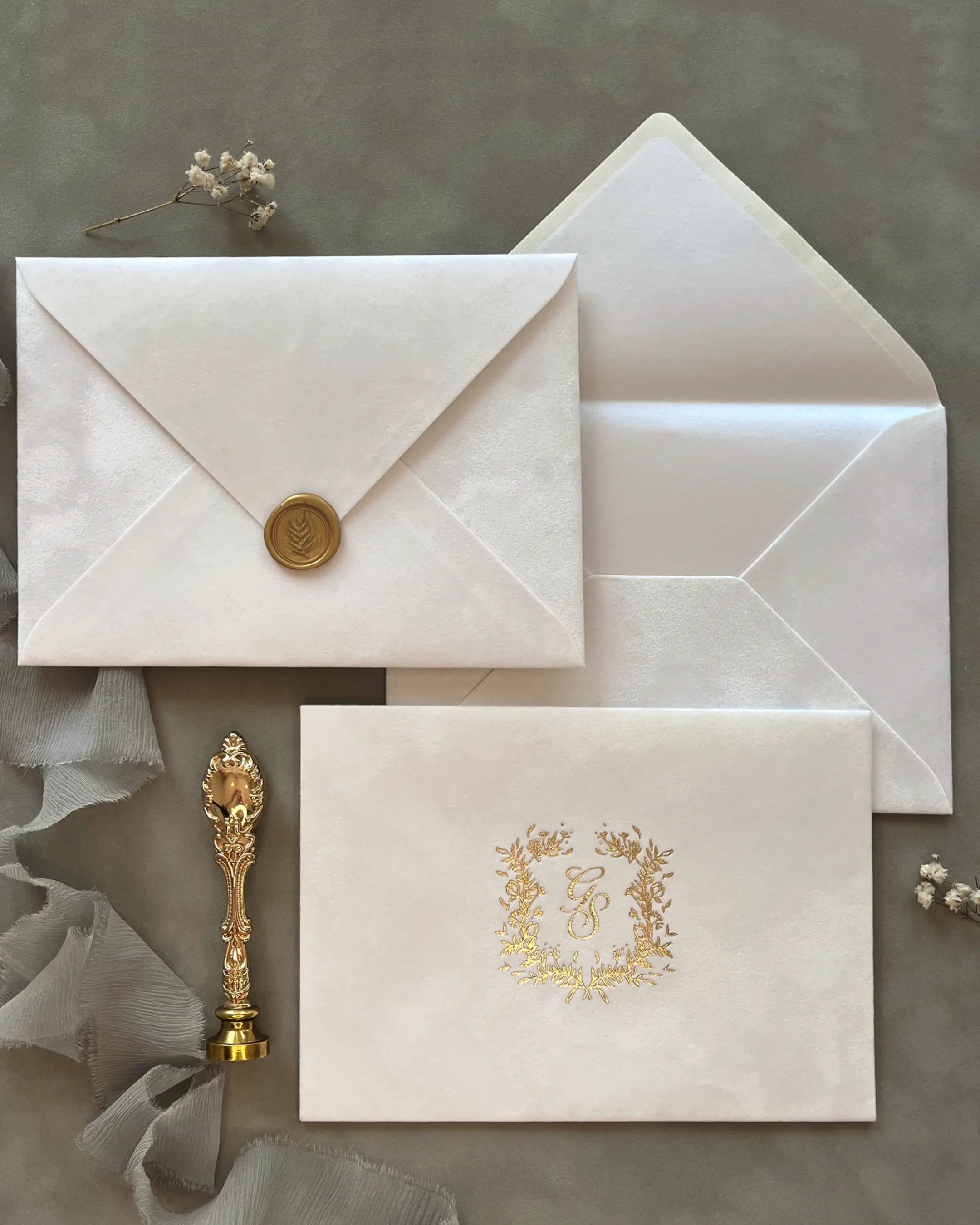 White Velvet Wedding Envelopes with gold wax seal, shimmer liner and gold foil wreath monogram card — Polina Perri